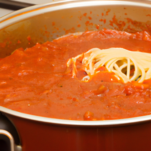 A Dutch oven simmering with a savory spaghetti sauce